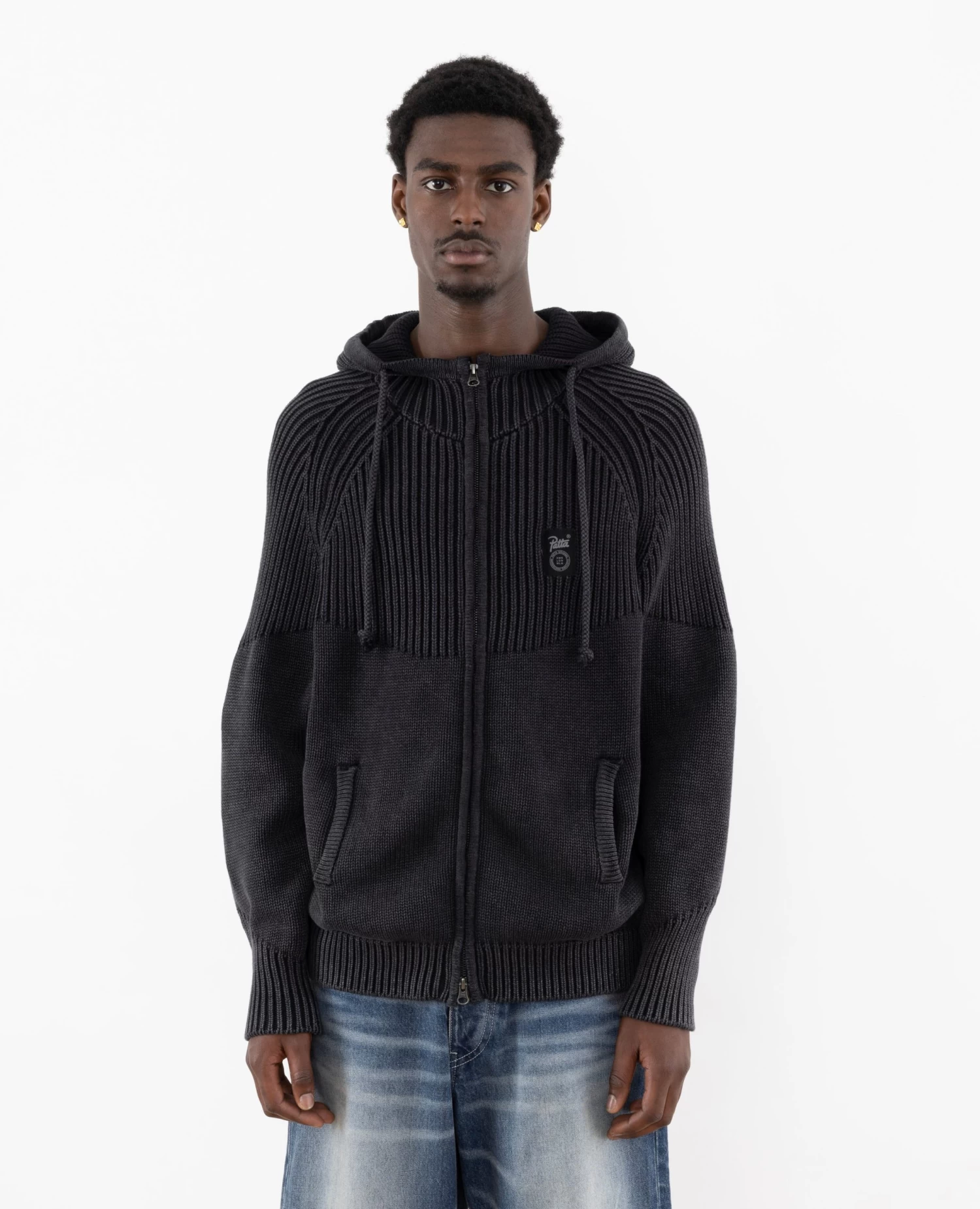 Patta Ribbed Knitted Zip Up Hooded Sweater (Black) 2 Patta Ribbed Knitted Zip Up Hooded Sweater (Black) - Afbeelding 2