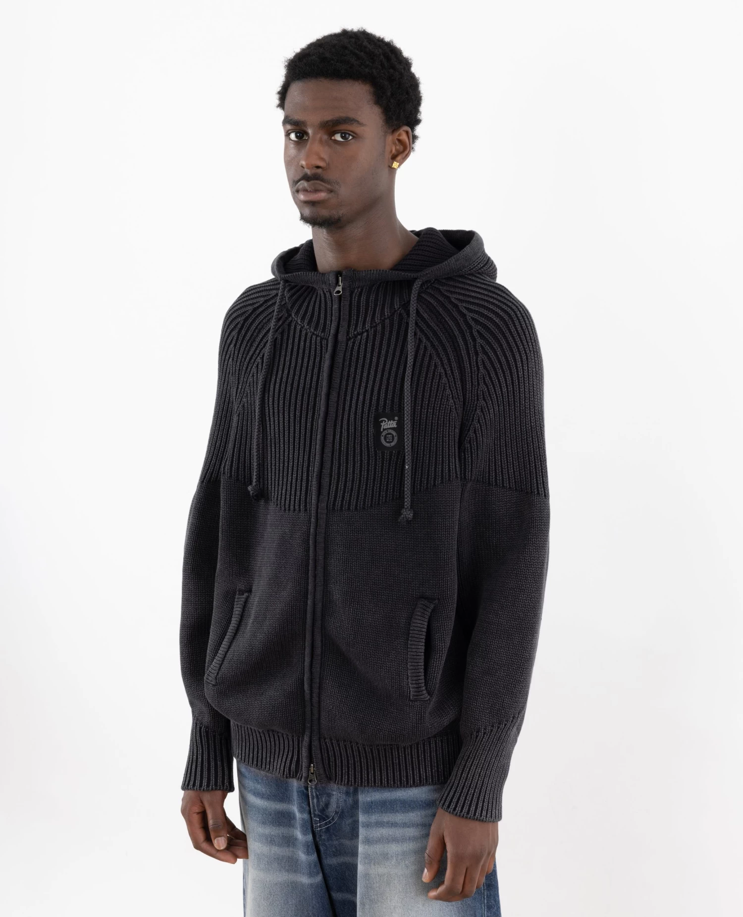 Patta Ribbed Knitted Zip Up Hooded Sweater (Black) 6 Patta Ribbed Knitted Zip Up Hooded Sweater (Black) - Afbeelding 6